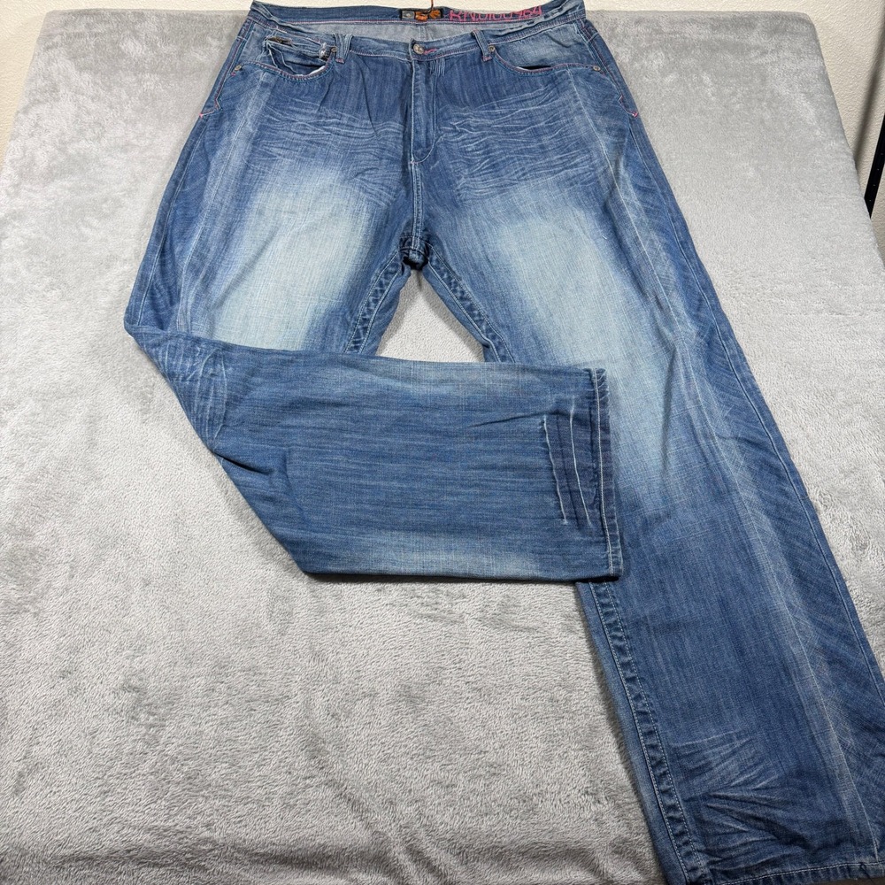Vintage Akademiks Jeans Men 42x34 Blue Denim Embroidered Floral 5 Pocket Y2K